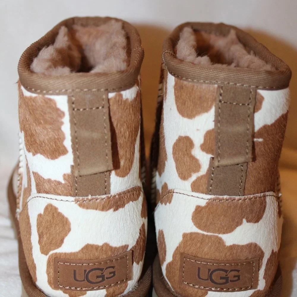NIB‎ UGG WOMEN'S CALF HAIR PRINT MINI ANKLE BOOTS SAND WHITE